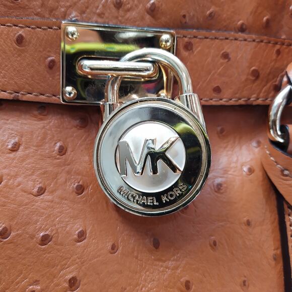 Michael Kors Hamilton Brown Leather Ostridge Embossed Lock Satchel Shoulder Bag - Picture 3 of 16